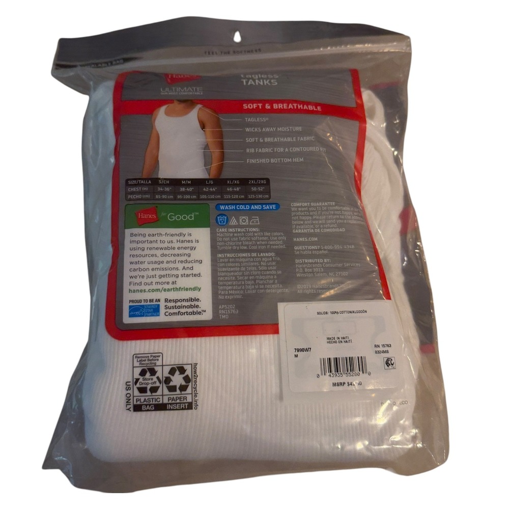 Hanes Ultimate Tagless Tanks Mens Size Medium White New 7-Pack Cotton Ribbed